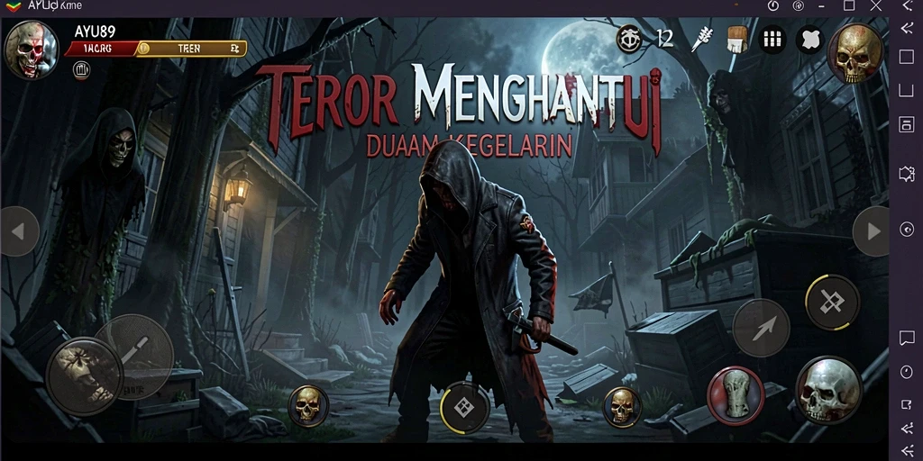 Tampilan gameplay AYU89 yang mencekam dalam suasana kegelapan.