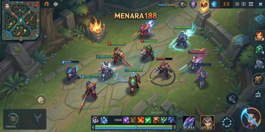 Screenshot gameplay MENARA188 yang menunjukkan pertarungan epik dalam arena MOBA.